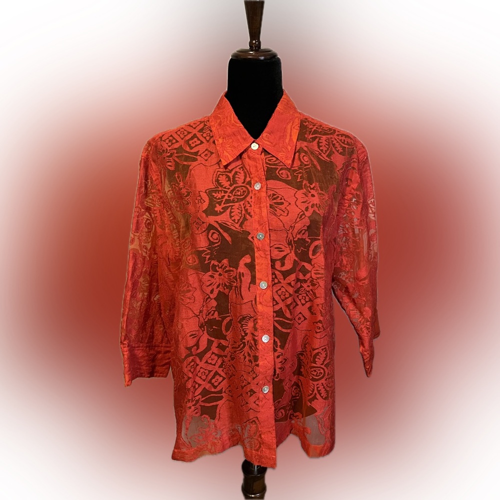 West End Sheer Laser Cut Floral Mesh Blouse size XL